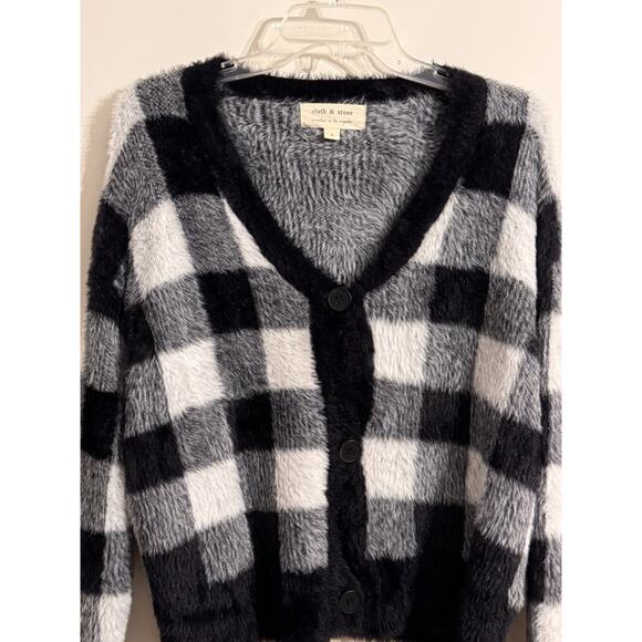 Cloth & Stone Fuzzy Cozy Cardigan Sz S Black-White Check Preppy Dark Academia - Picture 2 of 6